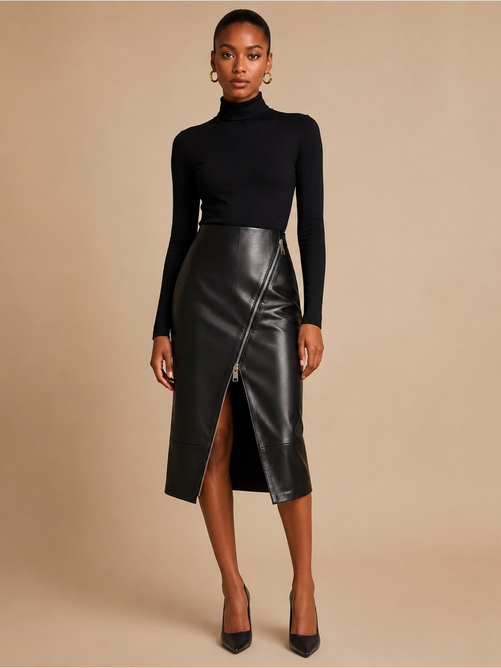 BOSS Genuine Leather Asymmetric Zip Midi Skirt - Black